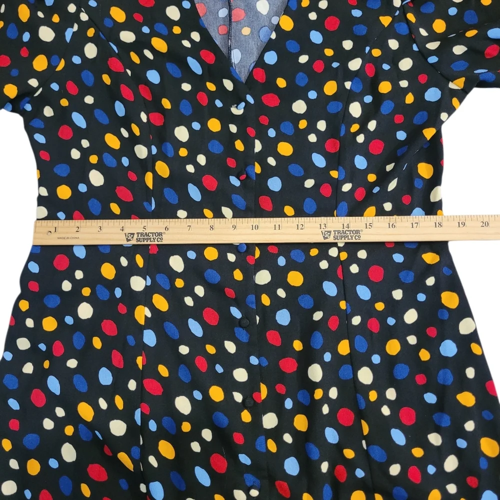 Rihoas Polka Dot Midi Dress Slim Tie Back XL Button Front Fit Flare Black S/S - Picture 8 of 11